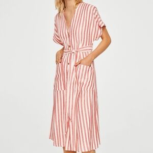 Mango Red and White Striped Midi Dress